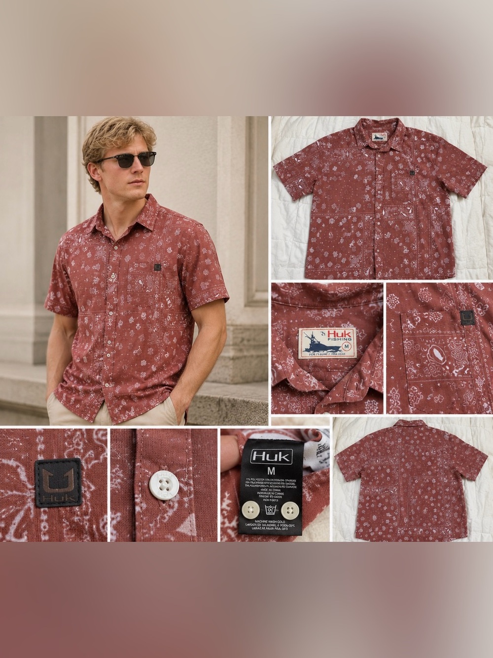 Huk Fishing Bandana Print Performance Button-Up Shirt Men’s M